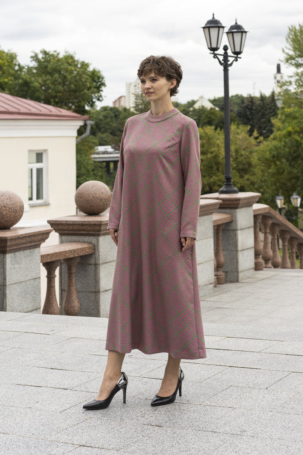 Платье женское "Клетка" модель 632/2 трикотаж розово-зеленый