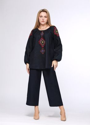 Блузка женская "Ксения" модель 157/4 льняная темно-синяя